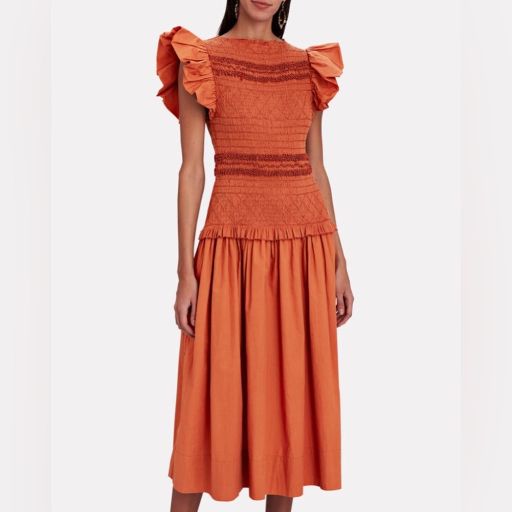 Ulla Johnson Hand Made Burnt Orange Ruffle Sleeve Midi Dress
